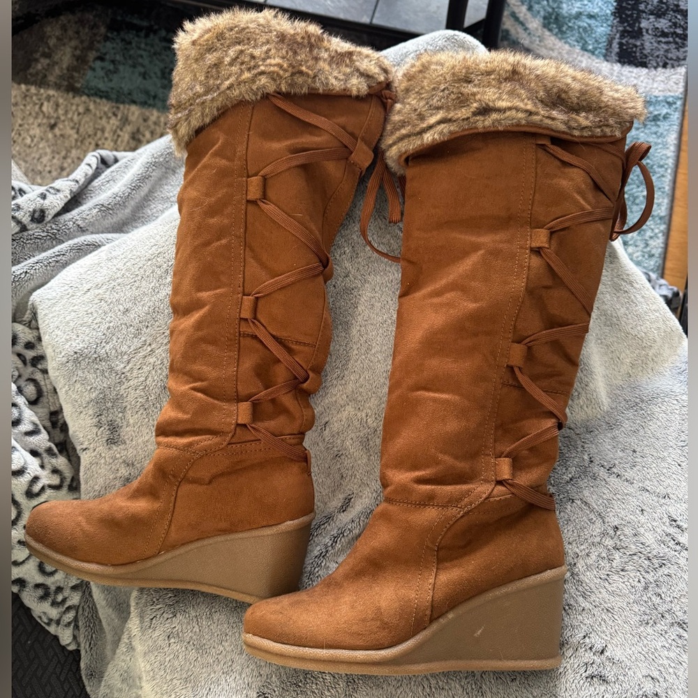 Decree Tan Faux-Fur Trim Wedge Knee-High Boots
